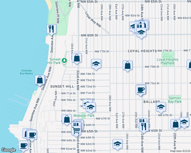 map of restaurants, bars, coffee shops, grocery stores, and more near 7312 30th Avenue Northwest in Seattle