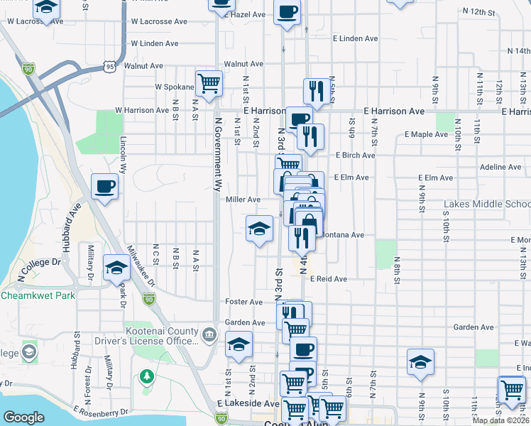 map of restaurants, bars, coffee shops, grocery stores, and more near 901 North 2nd Street in Coeur d'Alene
