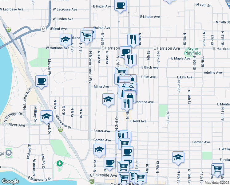 map of restaurants, bars, coffee shops, grocery stores, and more near 901 North 3rd Street in Coeur d'Alene