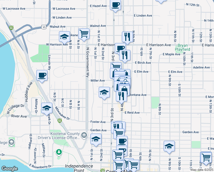 map of restaurants, bars, coffee shops, grocery stores, and more near 901 North 3rd Street in Coeur d'Alene
