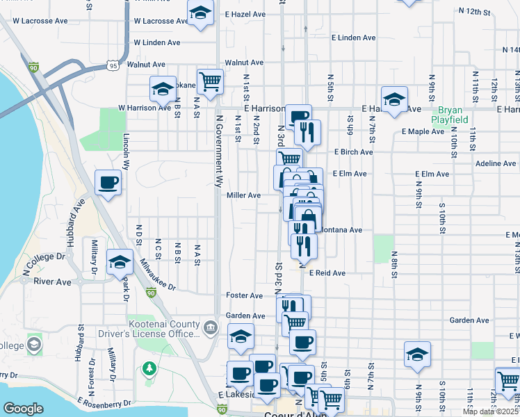 map of restaurants, bars, coffee shops, grocery stores, and more near 901 North 2nd Street in Coeur d'Alene