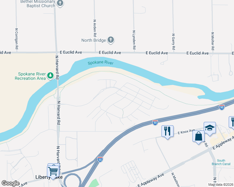 map of restaurants, bars, coffee shops, grocery stores, and more near 22503 East Penrose Loop in Liberty Lake