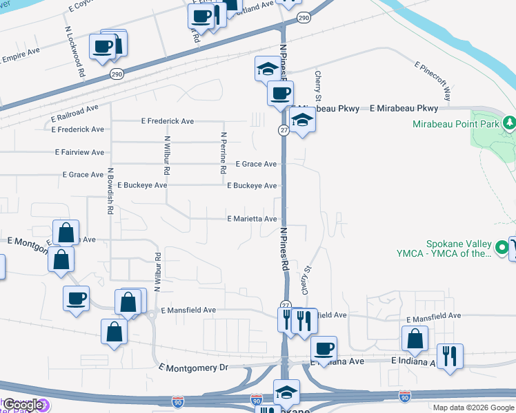 map of restaurants, bars, coffee shops, grocery stores, and more near in Spokane Valley