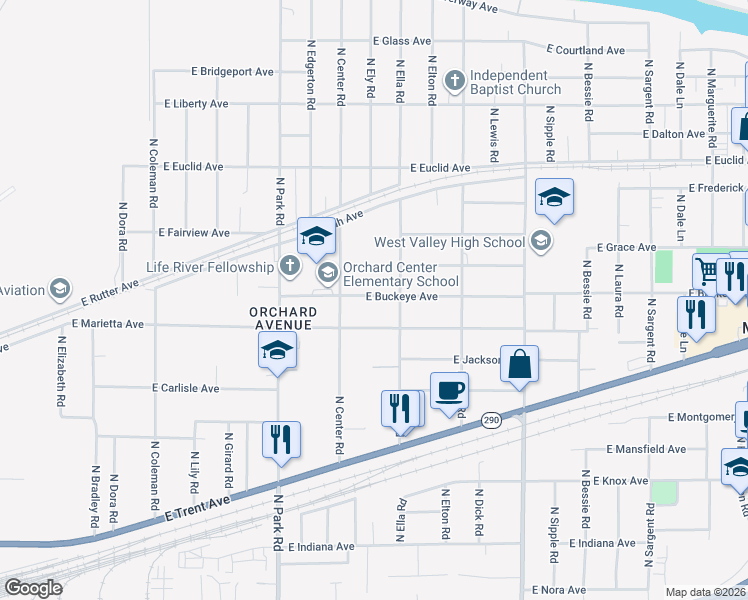 map of restaurants, bars, coffee shops, grocery stores, and more near 7726 East Buckeye Avenue in Spokane Valley