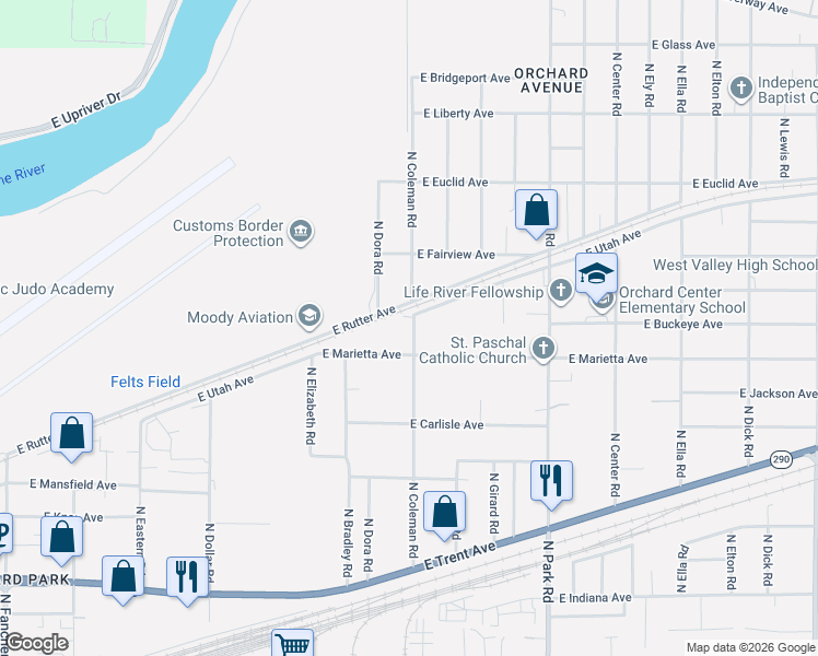 map of restaurants, bars, coffee shops, grocery stores, and more near 2720 North Coleman Road in Spokane Valley