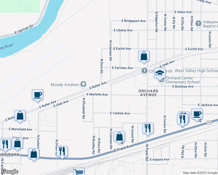 map of restaurants, bars, coffee shops, grocery stores, and more near 2720 North Coleman Road in Spokane Valley