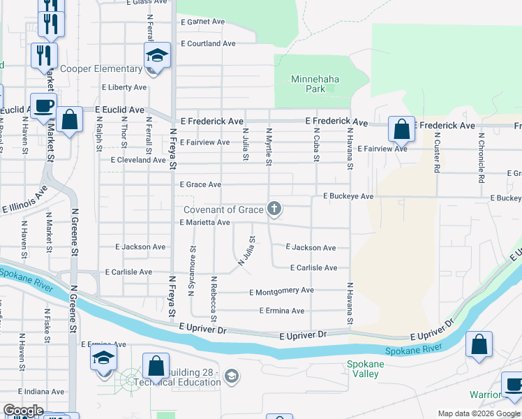 map of restaurants, bars, coffee shops, grocery stores, and more near 3916 East Buckeye Avenue in Spokane