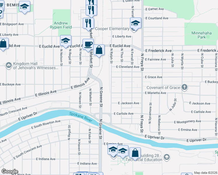 map of restaurants, bars, coffee shops, grocery stores, and more near 2608 North Greene Street in Spokane