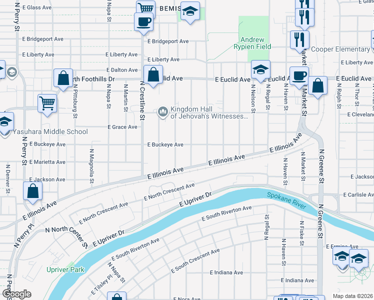 map of restaurants, bars, coffee shops, grocery stores, and more near 2617 North Altamont Street in Spokane