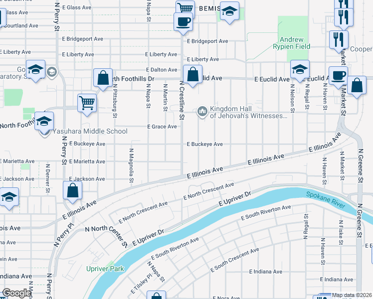 map of restaurants, bars, coffee shops, grocery stores, and more near 2619 North Lee Street in Spokane