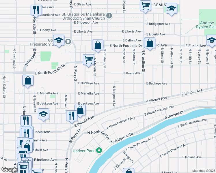map of restaurants, bars, coffee shops, grocery stores, and more near 2617 North Magnolia Street in Spokane