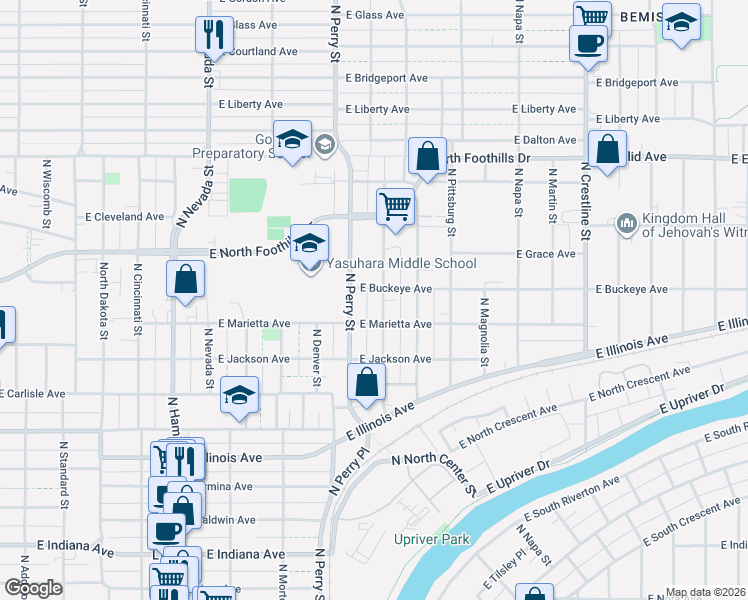 map of restaurants, bars, coffee shops, grocery stores, and more near 2618 North Perry Street in Spokane