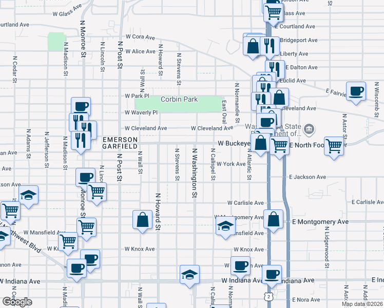 map of restaurants, bars, coffee shops, grocery stores, and more near 2614 North Washington Street in Spokane