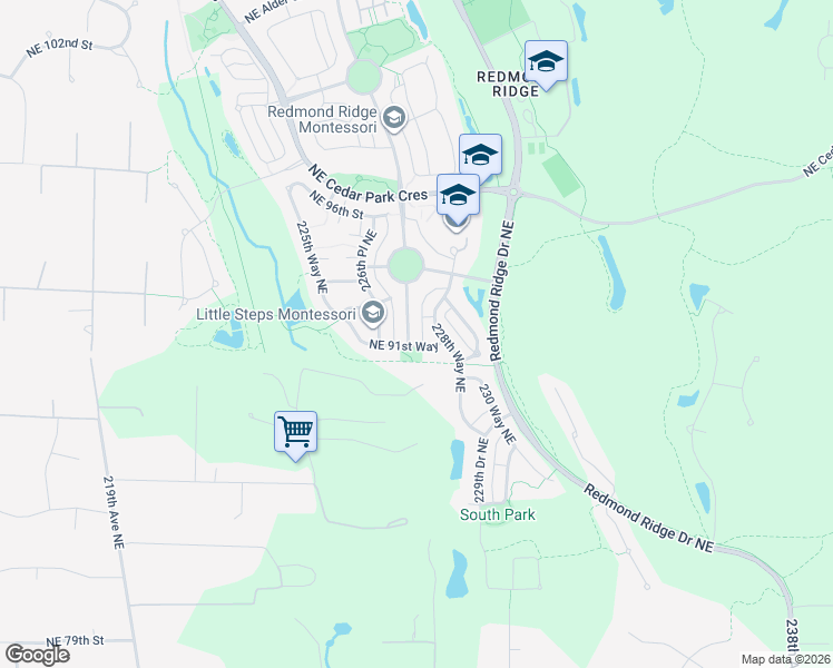 map of restaurants, bars, coffee shops, grocery stores, and more near 9115 227 Avenue Northeast in Redmond