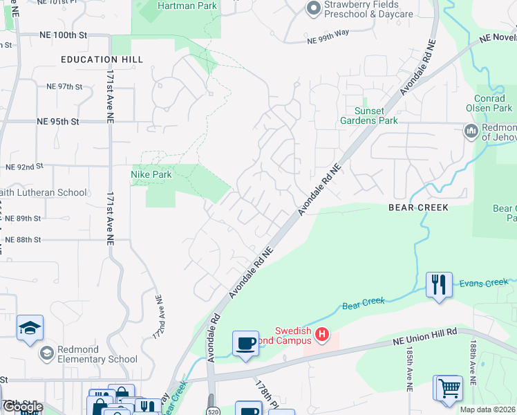 map of restaurants, bars, coffee shops, grocery stores, and more near 17766 Northeast 90th Street in Redmond