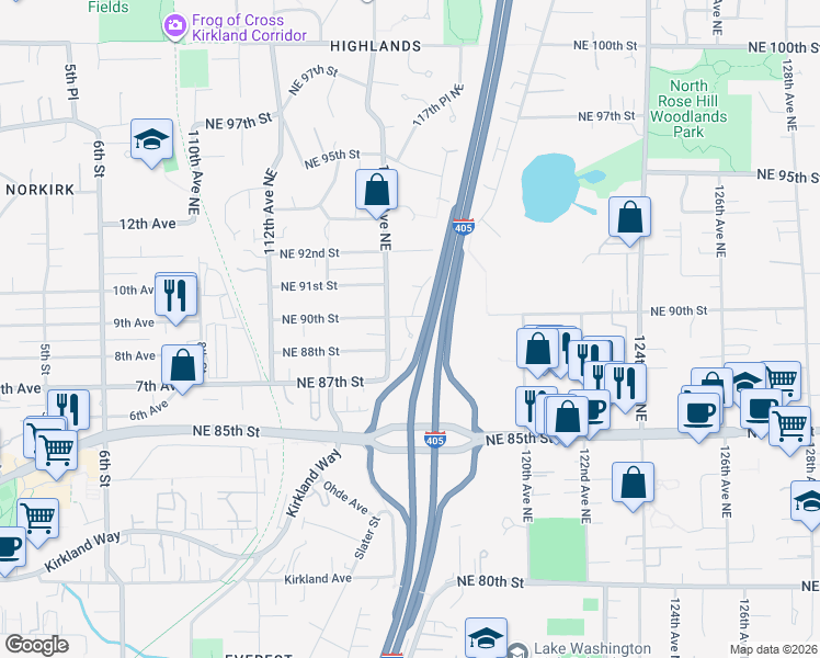 map of restaurants, bars, coffee shops, grocery stores, and more near 8820 116th Avenue Northeast in Kirkland