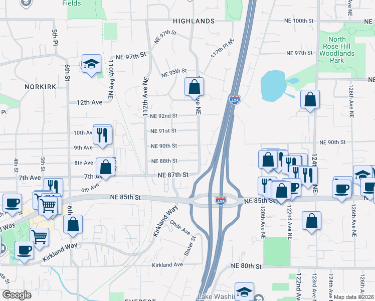map of restaurants, bars, coffee shops, grocery stores, and more near 11433 Northeast 90th Street in Kirkland
