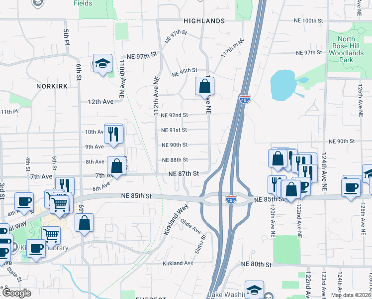 map of restaurants, bars, coffee shops, grocery stores, and more near 11345 Northeast 90th Street in Kirkland