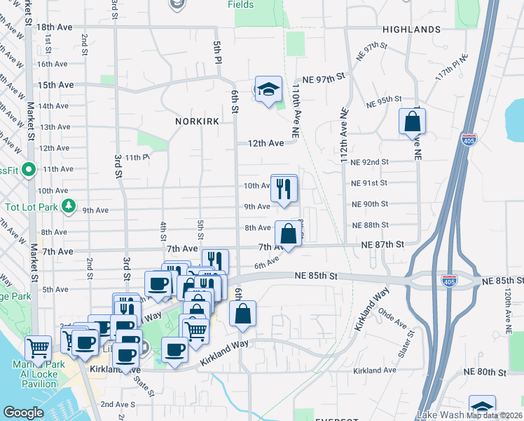 map of restaurants, bars, coffee shops, grocery stores, and more near 619 9th Avenue in Kirkland