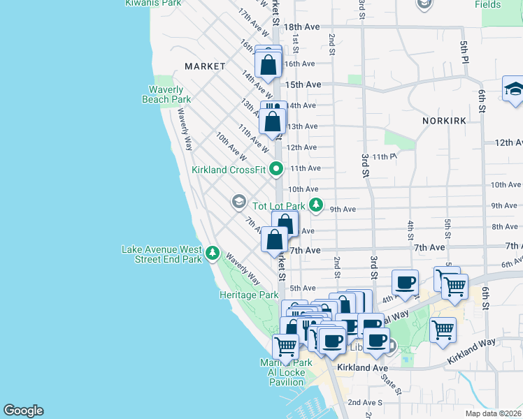 map of restaurants, bars, coffee shops, grocery stores, and more near 229 8th Avenue West in Kirkland