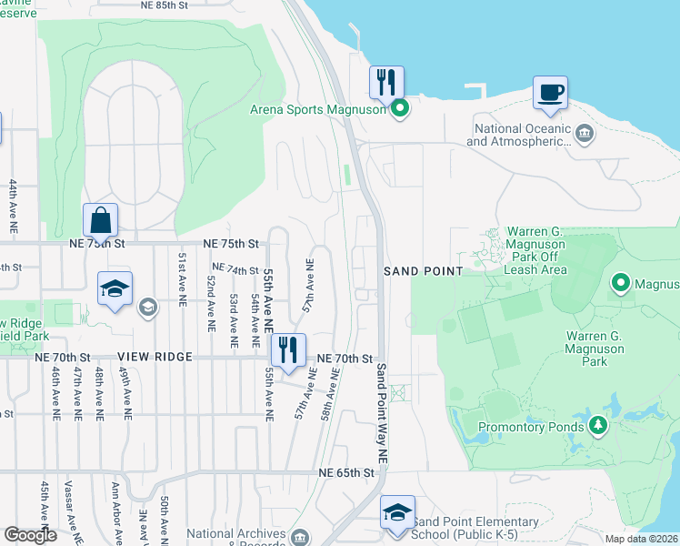 map of restaurants, bars, coffee shops, grocery stores, and more near 7309 Sand Point Way Northeast in Seattle