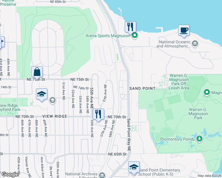 map of restaurants, bars, coffee shops, grocery stores, and more near 7327 58th Avenue Northeast in Seattle