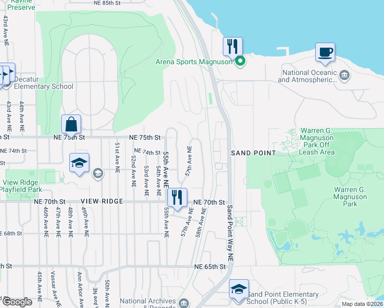 map of restaurants, bars, coffee shops, grocery stores, and more near 7327 58th Avenue Northeast in Seattle
