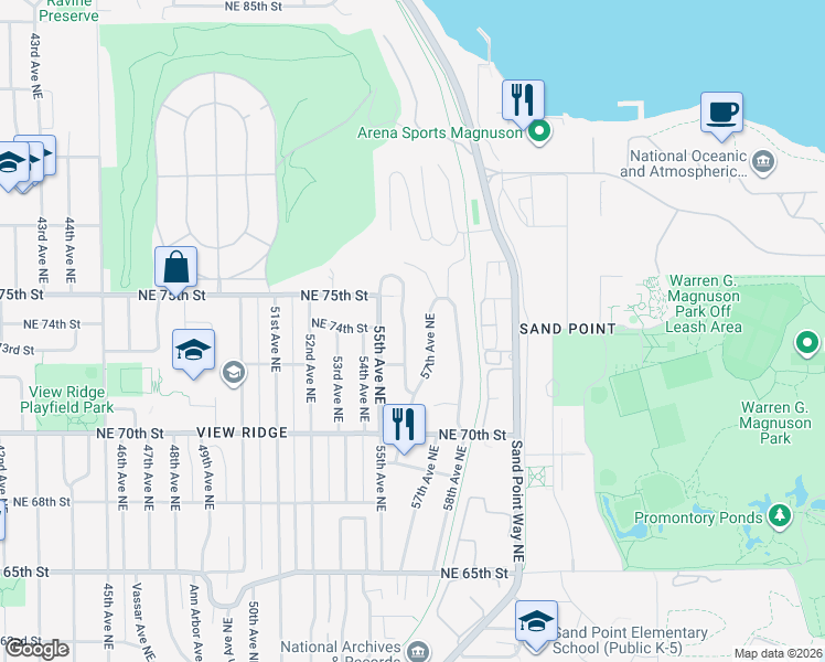 map of restaurants, bars, coffee shops, grocery stores, and more near 7321 56th Avenue Northeast in Seattle