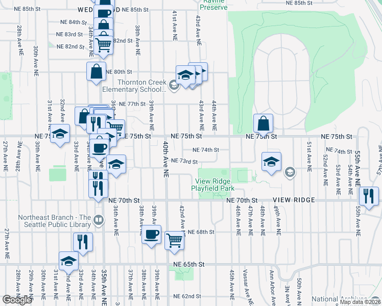 map of restaurants, bars, coffee shops, grocery stores, and more near 4215 Northeast 74th Street in Seattle