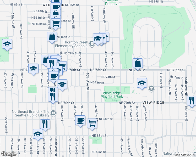 map of restaurants, bars, coffee shops, grocery stores, and more near 4215 Northeast 74th Street in Seattle