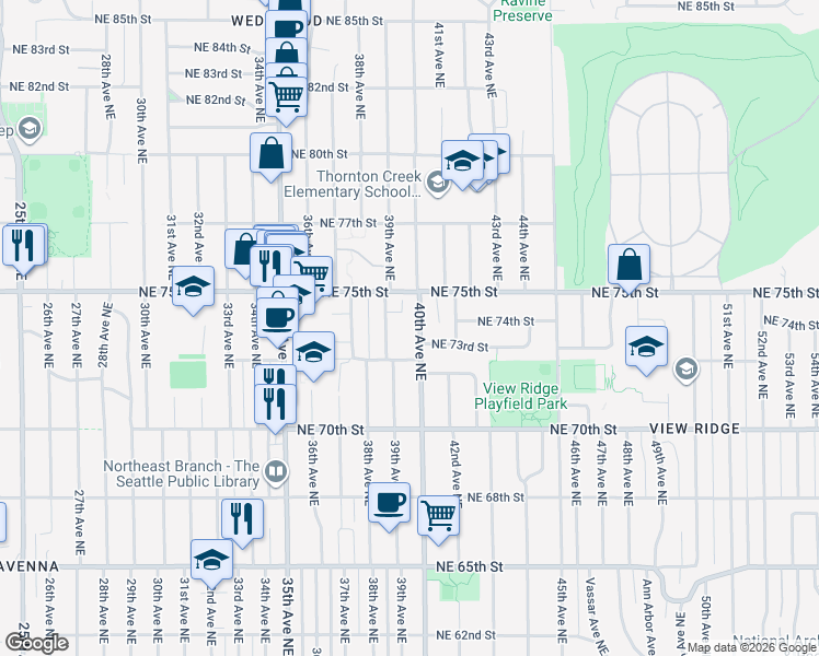 map of restaurants, bars, coffee shops, grocery stores, and more near 7326 39th Avenue Northeast in Seattle