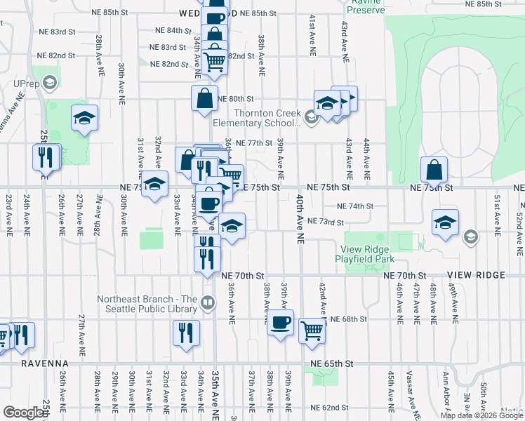 map of restaurants, bars, coffee shops, grocery stores, and more near 7326 38th Avenue Northeast in Seattle