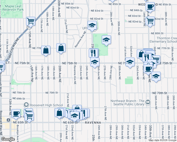 map of restaurants, bars, coffee shops, grocery stores, and more near 7389 25th Avenue Northeast in Seattle
