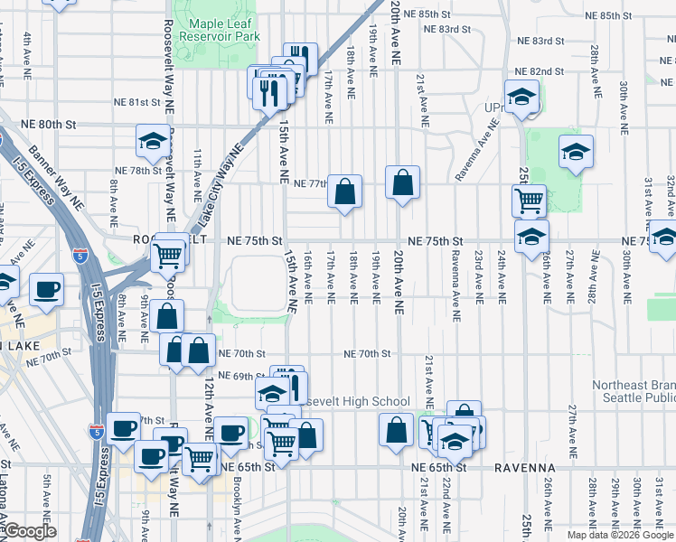 map of restaurants, bars, coffee shops, grocery stores, and more near 7325 17th Avenue Northeast in Seattle