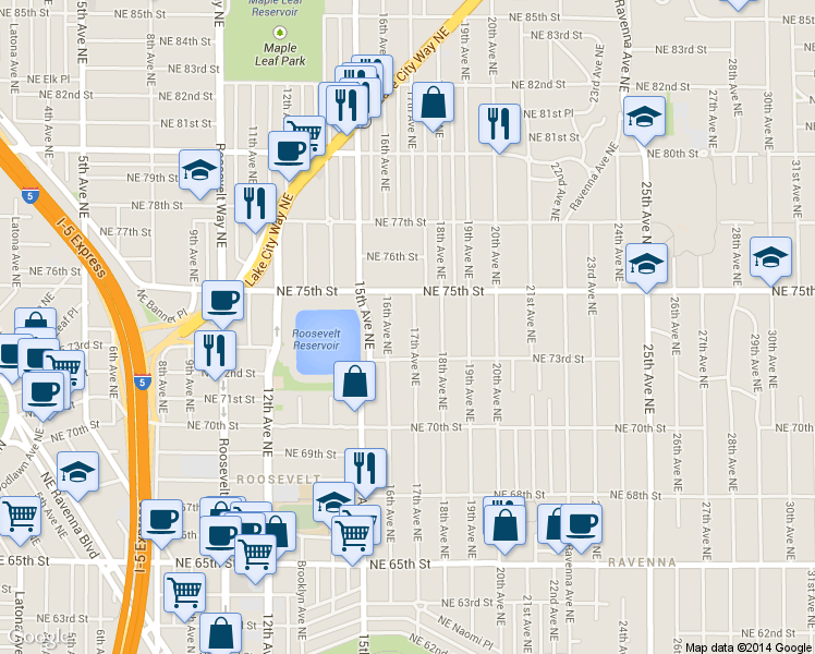 map of restaurants, bars, coffee shops, grocery stores, and more near 7325 17th Avenue Northeast in Seattle