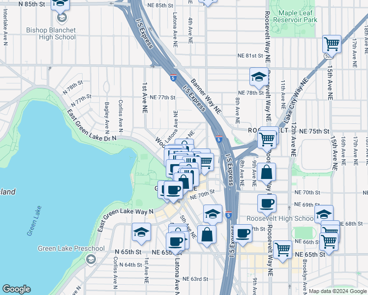 map of restaurants, bars, coffee shops, grocery stores, and more near 7420 4th Avenue Northeast in Seattle
