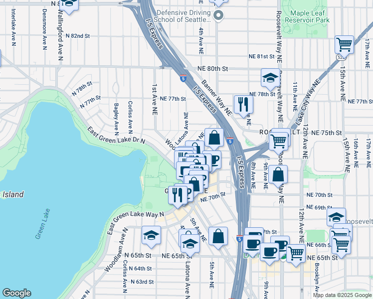 map of restaurants, bars, coffee shops, grocery stores, and more near 7420 4th Avenue Northeast in Seattle