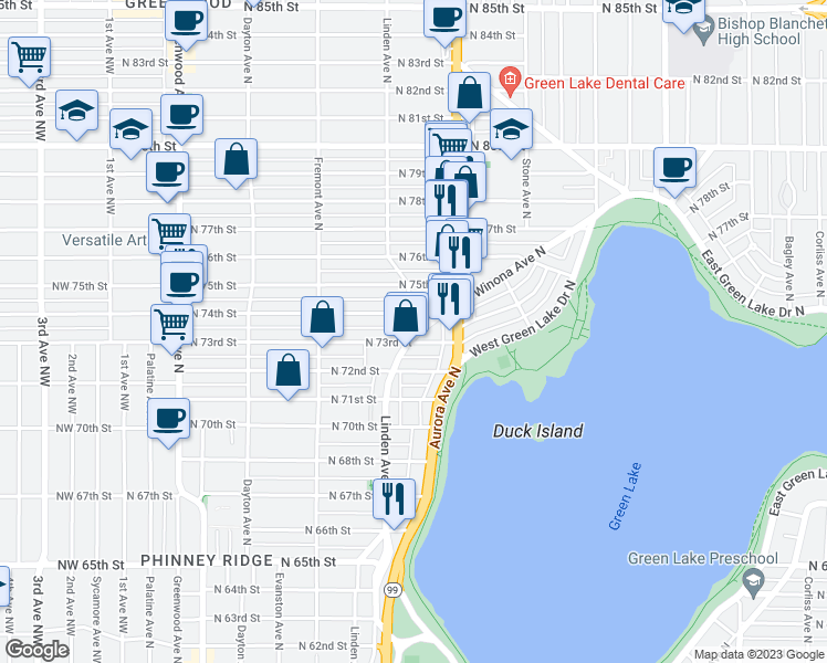 map of restaurants, bars, coffee shops, grocery stores, and more near in Seattle