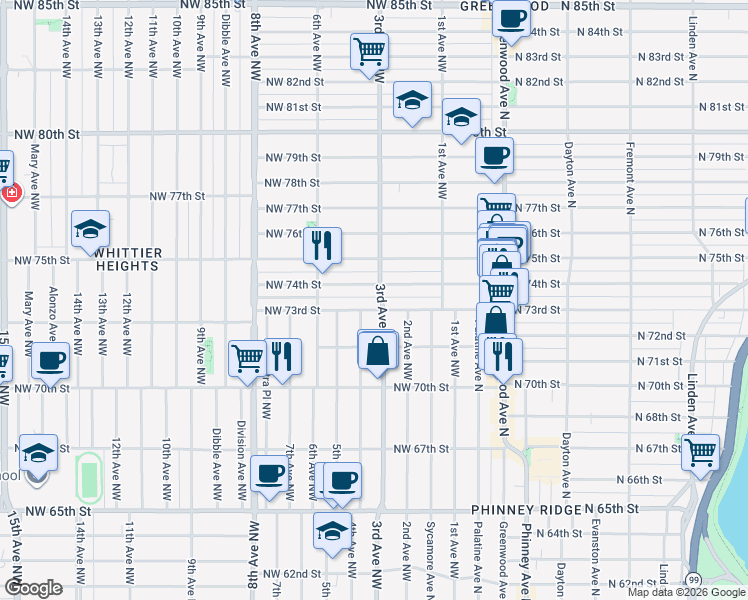 map of restaurants, bars, coffee shops, grocery stores, and more near 302 Northwest 73rd Street in Seattle