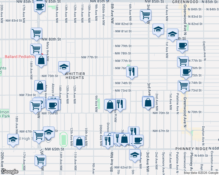 map of restaurants, bars, coffee shops, grocery stores, and more near 7318 Dibble Avenue Northwest in Seattle