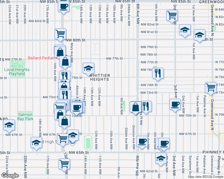map of restaurants, bars, coffee shops, grocery stores, and more near 7316 11th Avenue Northwest in Seattle
