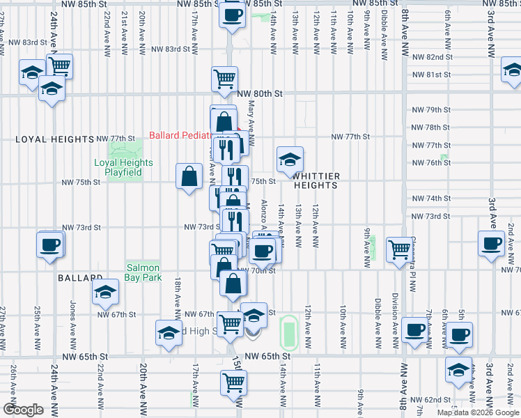 map of restaurants, bars, coffee shops, grocery stores, and more near 7316 Alonzo Avenue Northwest in Seattle