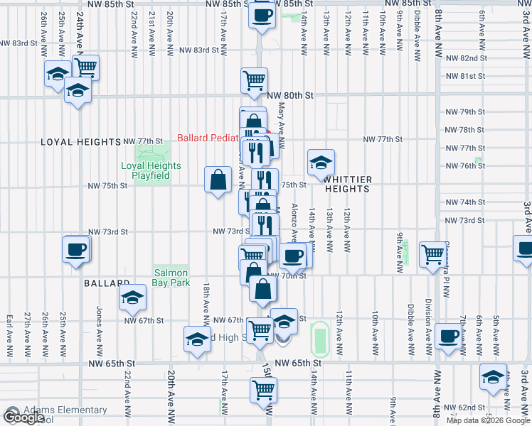 map of restaurants, bars, coffee shops, grocery stores, and more near 7319 Mary Avenue Northwest in Seattle