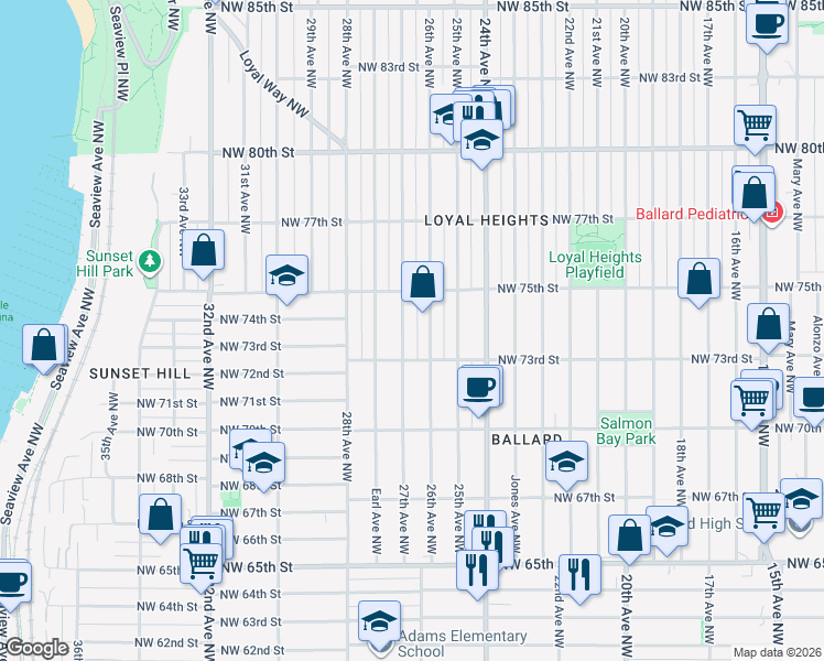 map of restaurants, bars, coffee shops, grocery stores, and more near 7321 27th Avenue Northwest in Seattle