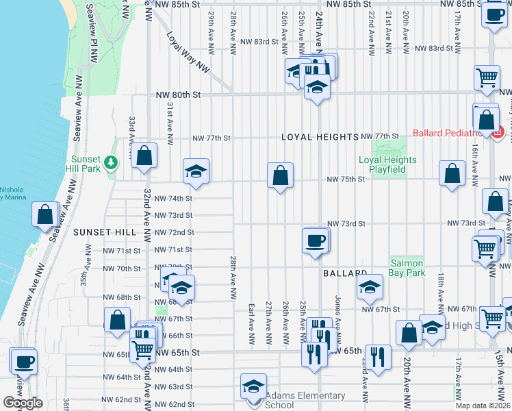 map of restaurants, bars, coffee shops, grocery stores, and more near 7321 27th Avenue Northwest in Seattle