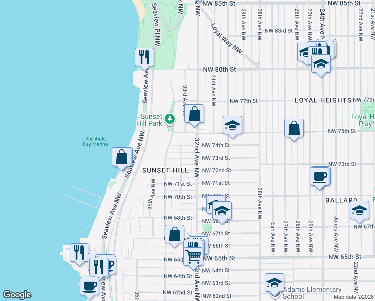 map of restaurants, bars, coffee shops, grocery stores, and more near 7311 32nd Avenue Northwest in Seattle