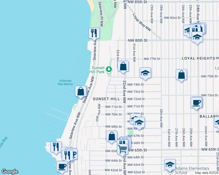 map of restaurants, bars, coffee shops, grocery stores, and more near 7315 33rd Avenue Northwest in Seattle