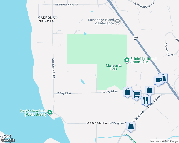 map of restaurants, bars, coffee shops, grocery stores, and more near 7200 Northeast Day Road West in Bainbridge Island