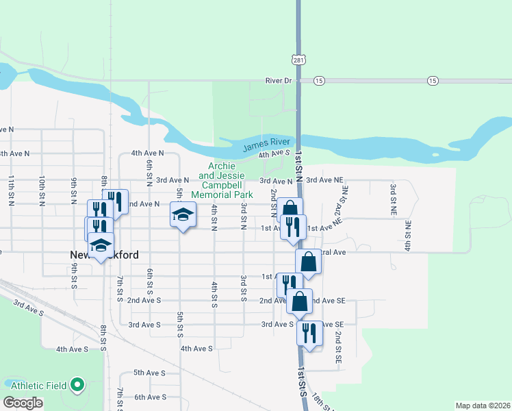 map of restaurants, bars, coffee shops, grocery stores, and more near 151-199 3rd St N in New Rockford