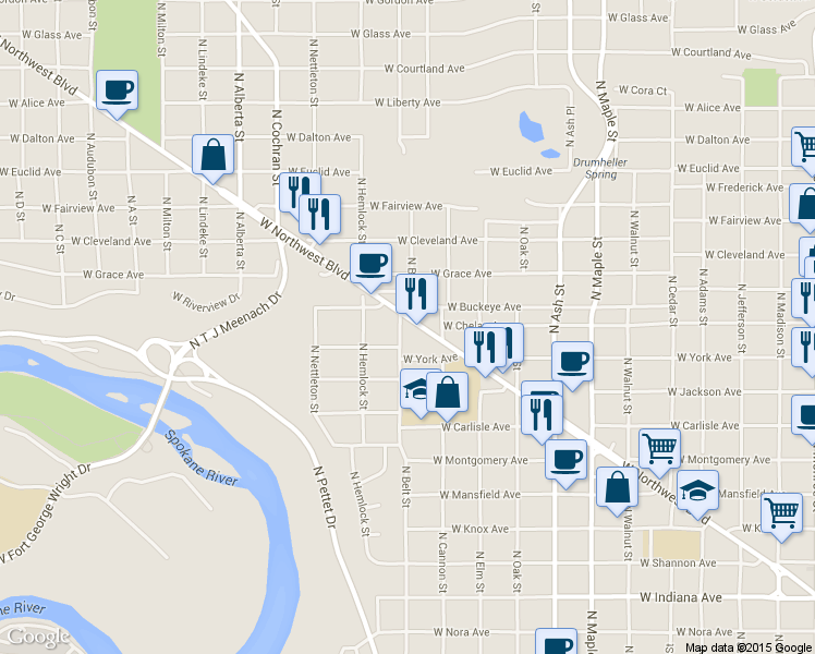 map of restaurants, bars, coffee shops, grocery stores, and more near 2023 W Northwest Blvd in Spokane